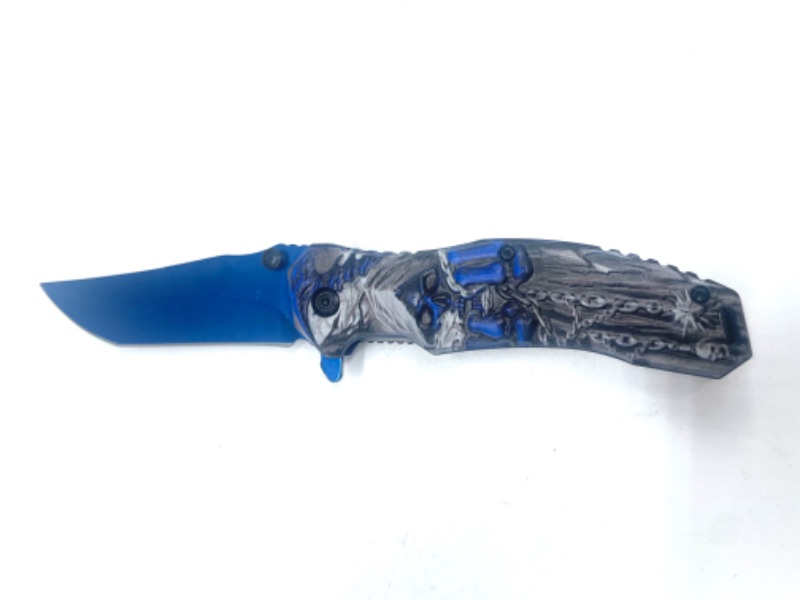 Photo 2 of Skull With Top hat Holding Chains Blue Pocket Knife