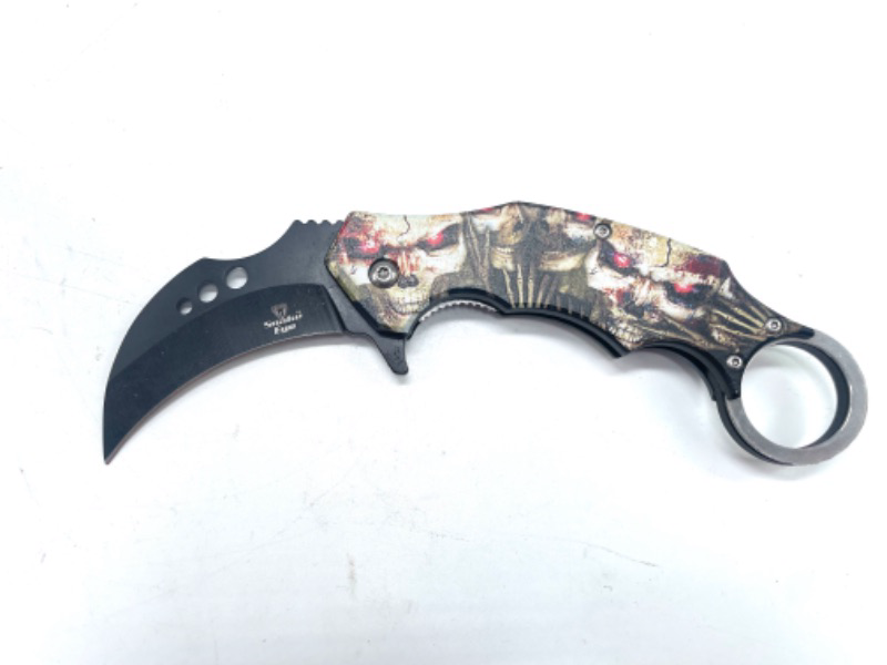 Photo 2 of Karambit Automatic Knife Side Opening Skulls with Red Eyes Pocket Knife with Clip New