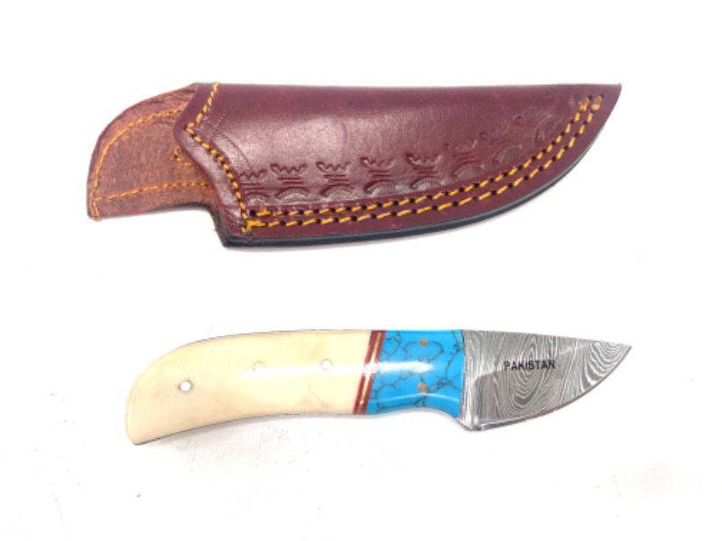 Photo 2 of SZCO Supplies Bone/Turquoise Damascus Steel Skinning Knife