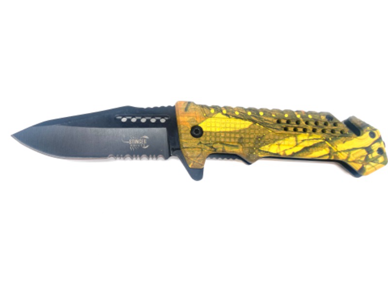 Photo 2 of Yellow Leaf Camo Pocket Knife With Seatbelt Cutter Window Breaker And Clip NEW 