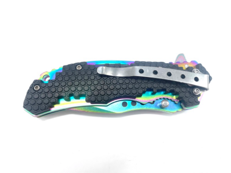 Photo 3 of Black Folding Pocket Knife With Oil Slick Blade And Clip New