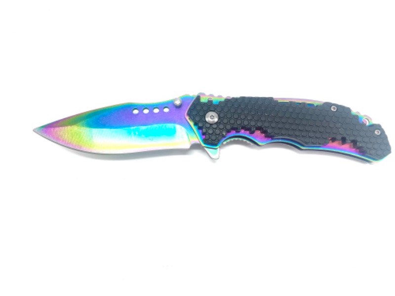 Photo 2 of Black Folding Pocket Knife With Oil Slick Blade And Clip New