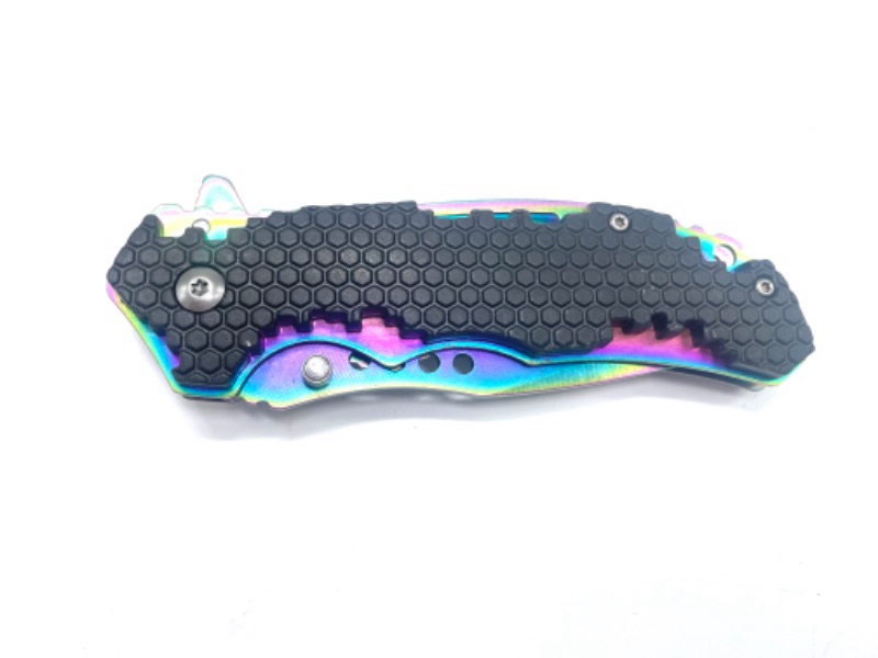 Photo 1 of Black Folding Pocket Knife With Oil Slick Blade And Clip New