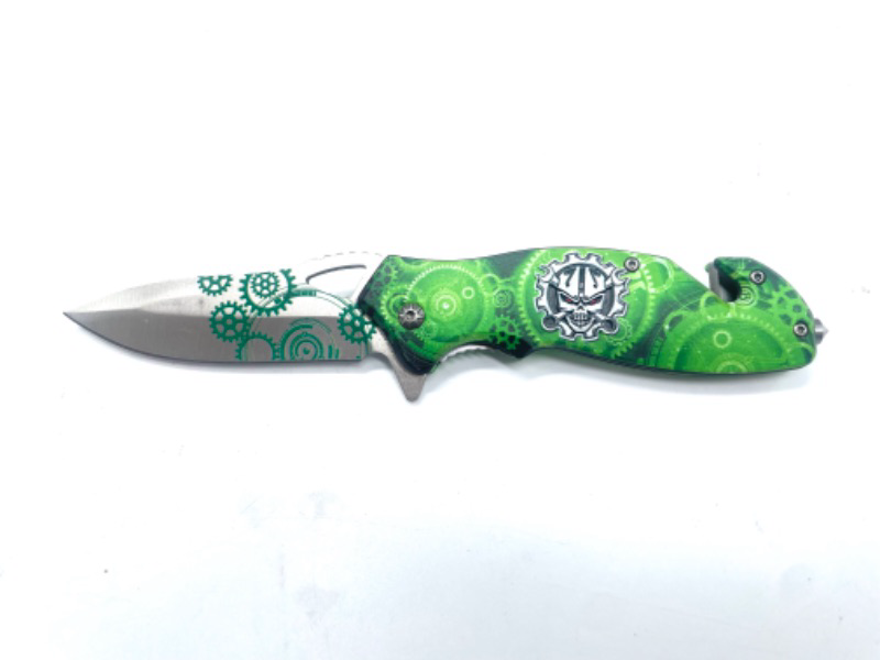 Photo 2 of Lime Green Mechanical Skull Folding Pocket Knife New