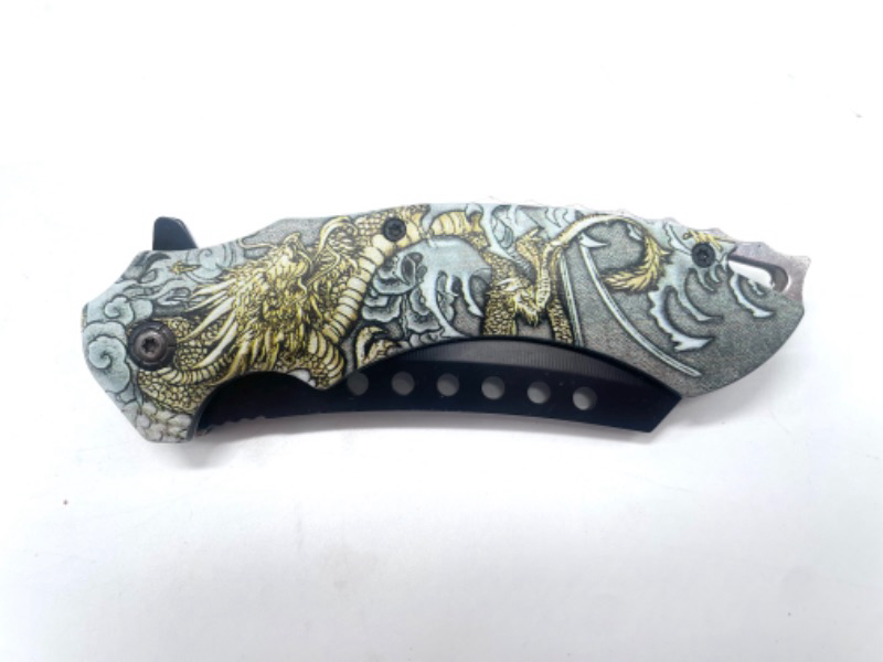 Photo 1 of Smokey With Yellow Dragon Folding Pocket Knife With Clip New