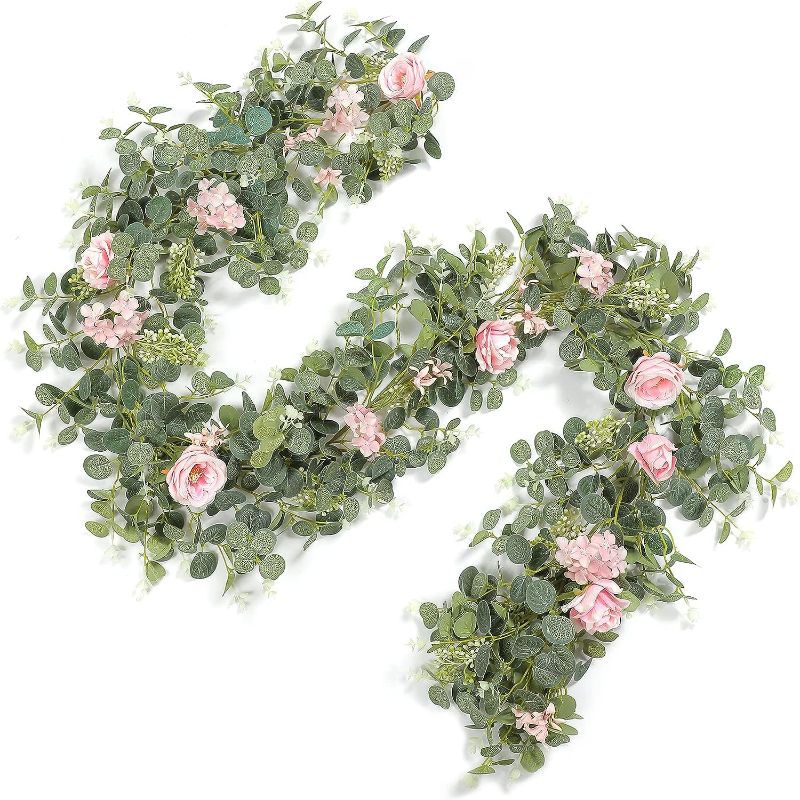 Photo 1 of Serra Flora 6FT Artificial Flowers Eucalyptus Garland with Roses Flower Vine Greenery Garland Hanging Plant for Wedding Party Arch Table Arrangement Indoor Outdoor Backdrop Wall Decor (Pink)
