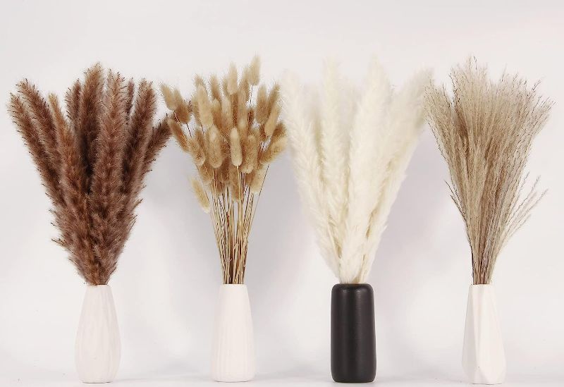 Photo 1 of Dried Pampas Grass Decor, 100 PCS Pampas Grass Contains Bunny Tails Dried Flowers, Reed Grass Bouquet for Wedding Boho Flowers Home Table Decor, Rustic Farmhouse Party (Brown)
