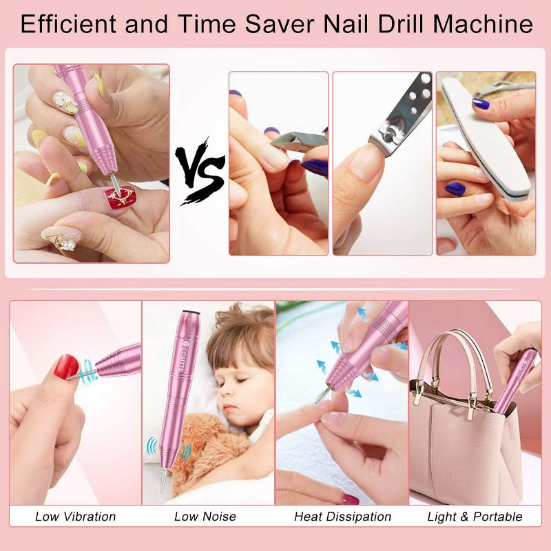 Photo 2 of  Electric Nail Drill,USB Electric Nail Drill Machine for Acrylic Nail Kit,Portable Electric Nail File Polishing Tool Manicure Pedicure Kit Efile Nail Supplies for Home Salon,Pink

