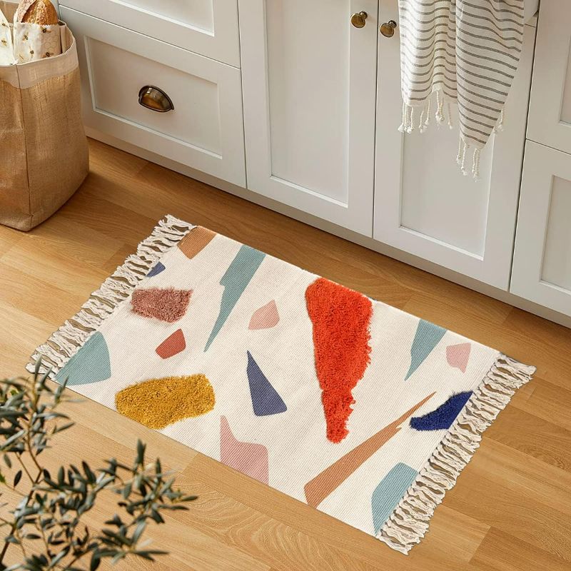 Photo 2 of LIVEBOX Cute Bathroom Rug 2' x3' Small Multi-Color Block Kids Area Rug with Tassel Hand Woven Cotton Tufted Indoor Rugs for Bedroom Kitchen Entryway Laundry Wall Hanging

