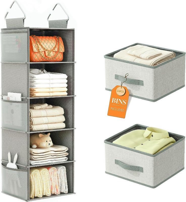 Photo 1 of Hanging Closet Organizer, Collapsible Hanging Storage, with 3 Side Pockets and 2 Removable Drawers, Suitable for Bedroom Closet Clothing Storage Grey
