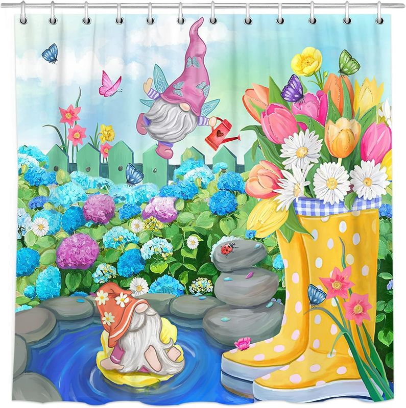 Photo 1 of Spring Shower Curtains, Hello Spring Gnomes Waterproof Bath Curtain for Bathroom, Tulip Blossoms Boots Hydrangea Daisy Seasonal Farmhouse Fabric Shower Curtains with Hooks for Home Decor,