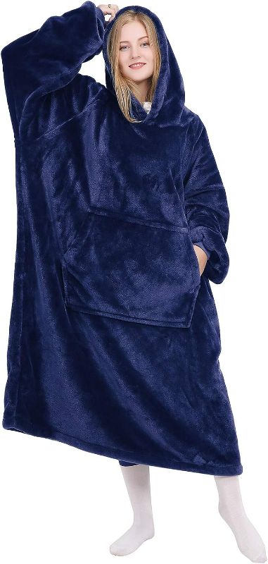 Photo 1 of  Wearable Blanket Hoodie for Women and Men, Oversized Wearable Hoody Blanket Sweatshirt, Warm Cozy Wearable Fleece Blanket with Sleeves and Giant Pocket for Adults and Kids, Navy