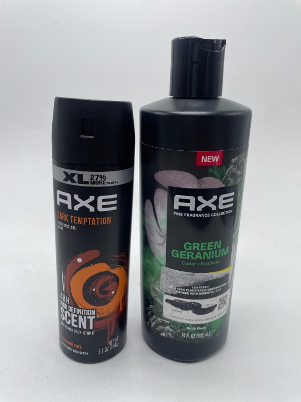 Photo 1 of AXE Body Spray for Men Dark Temptation 5.1 oz And Axe Fine Fragrance Collection Men's Liquid Body Wash Green Geranium, 18 oz