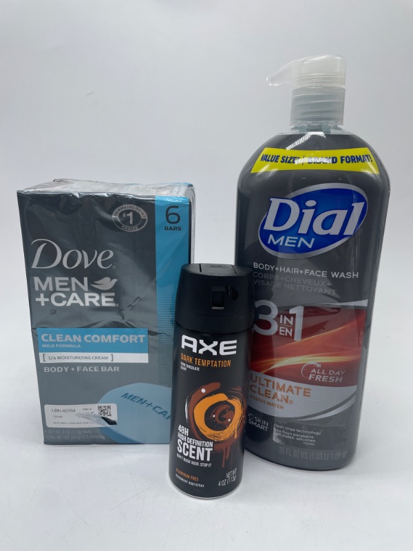 Photo 1 of DIAL for Men Body Wash + Hair Clean Fresh Water Scent, Dove Men Care Body And Face Bars 6 Pack & Axe Dark Temptation Dark chocolate scent 