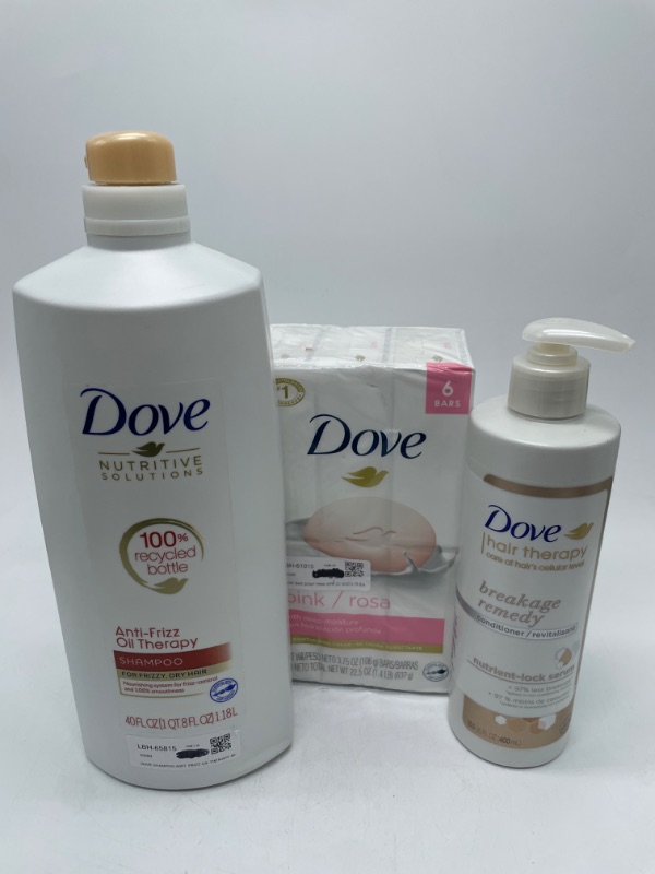 Photo 1 of  Dove Bundle dove anti frizz shampoo 40 fl oz , 6 Count Pink Moisture Cream Soap Bars , Dove Breakage Remedy Nutrient Lock Serum Conditioner 