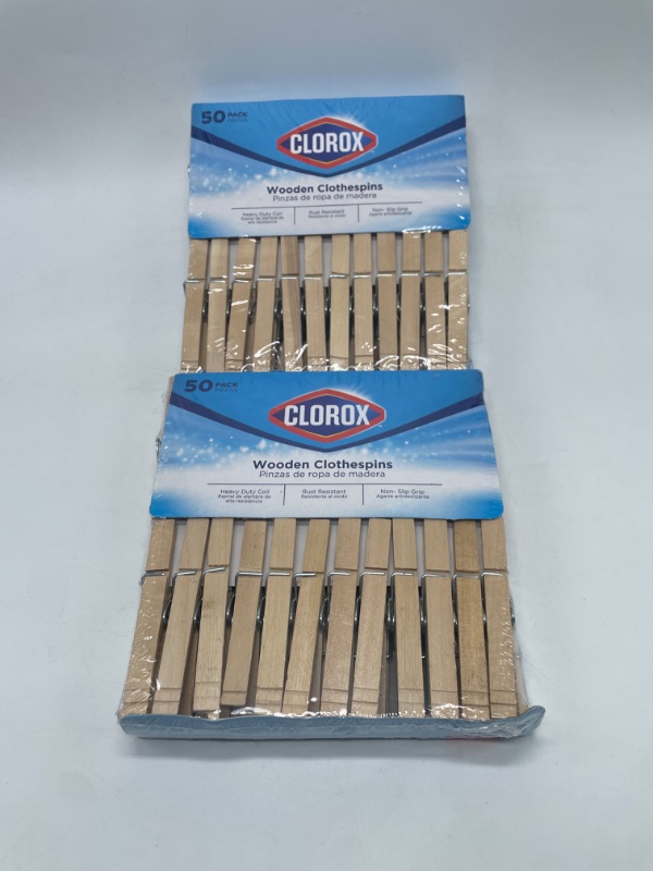 Photo 2 of 2 PACK Clorox Wood Clothespins with Spring - Value Pack of 2 PACKS OF 50 Clips, Rust Resistant with Heavy-Duty Coil for Line Drying Laundry, Chip Bags, and Crafts 100 Pack