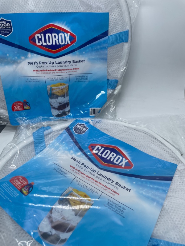 Photo 2 of 2 PACK Clorox Pop Up Laundry Basket – Lightweight Mesh, Round, Holds 2.1 Bushels | Odor Protection Keeps Clothes Smelling Fresh | Collapsible Easy Storage | Portable, Folding Hamper, White
