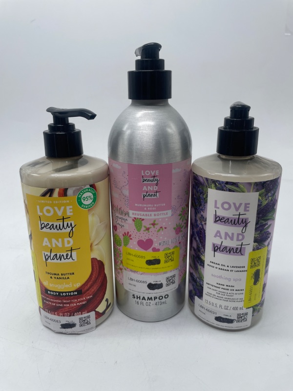 Photo 1 of 3 Pack Love Beauty And Planet, Tucuma Butter & Vanilla Body Lotion, Love Beauty & Planet Argan oil & lavender Soothing Hand Wash && Murumuru Butter & Rose Shampoo 