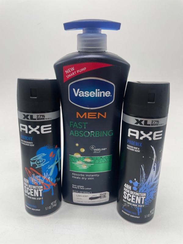 Photo 1 of Axe 5.1 Anarchy Deodorant Body Spray, Axe 5.1 Oz Phoenix Deodorant Body Spray & Vaseline Men Fast Absorbing Lotion