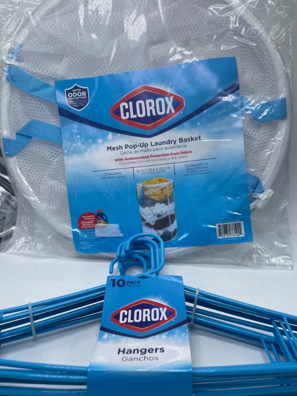 Photo 1 of Bundle Pack Clorox Blue 10 Pack Hangers & Clorox Mesh Pop-Up Laundry Basket 