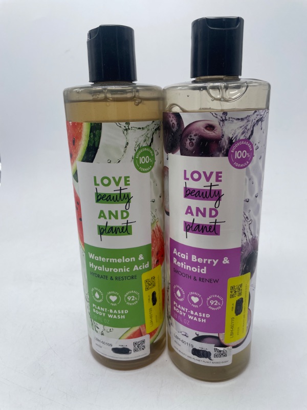 Photo 1 of 2 Pack Love Beauty And Planet Plant-Based Body Wash Smooth and Renew Skin Acai Berry & Retinoid , Love Beauty And Planet Plant Watermelon & Hydraulic Acid