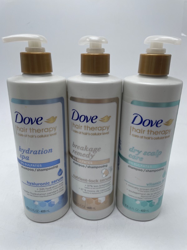 Photo 1 of 3 PACK Dove Hair Therapy Hydration Spa Shampoo for Dry Hair with Hyaluronic Serum, Breakage Remedy && Dry Scalp Care Shampoo 13.5 Fl Oz