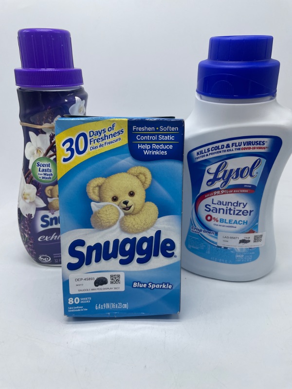 Photo 1 of 3 Pack Laundry Bundle Lysol Laundry Sanitizer Additive, Sanitizing Liquid for Clothes and Linens, Eliminates Odor Causing Bacteria, Crisp Linen, 41oz Snuggle Exhilarations White Lavender & Vanilla Orchid - 37 Loads & Snuggles 8O Sheets Dryer Sheets