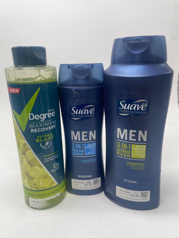 Photo 1 of Suave Men 28FL OZ 3-IN-1 Citrus Rush shampoo Conditioner & Body Wash, 2 In 1 Suave 12.6 Ocean Charge Shampoo & Conditioner && Degree Men Maximum Recovery Muscle Reset Body Wash and Soak 