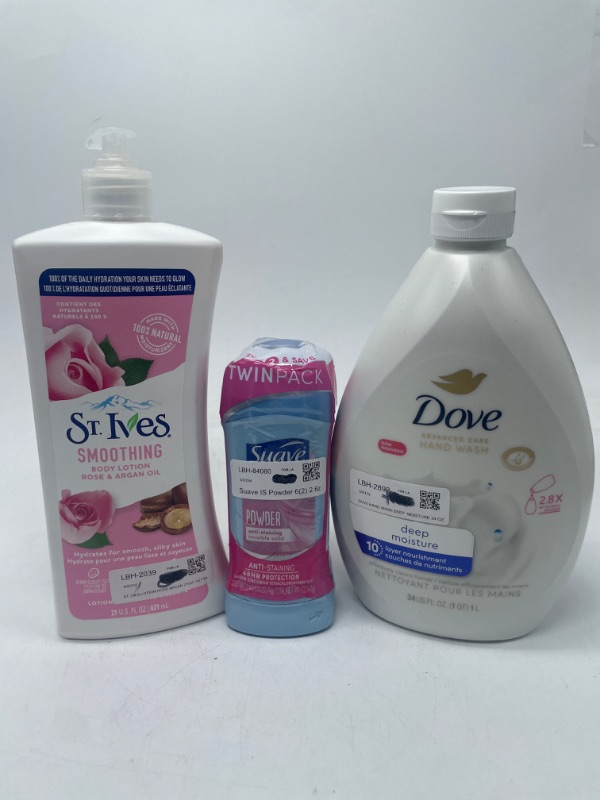 Photo 1 of Antiperspirant & Deodorant Stick Powder, St Ives Body Lotion, Smoothing, Rose & Argan Oil - 21 fl oz Dove Advanced Hand Wash 34 OZ Refill 