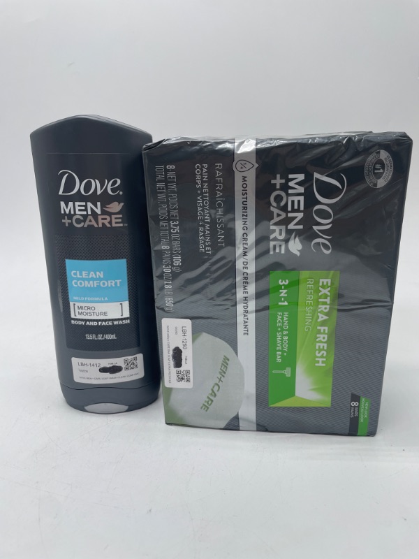 Photo 1 of Body and Face Wash Clean && Comfort Dove Men+Care 3 in 1 Bar Cleanser for Body, Face, and Shaving Extra Fresh Body and Facial Cleanser Moisturizing Than Bar Soap 3.75 Ounce (Pack of 8)