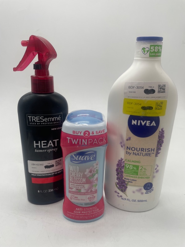 Photo 1 of NIVEA NOURISH CALMING LAVENDER ENRICHED BODY LOTION  16.9 fl oz 16.9 Fl Oz  Suave Deodorant & Deodorant Stick 48-hour Odor and Wetness Protection Wild Cherry Blossom for Women 2.6 oz, 2 Count  Tresemme Thermal Creations Heat Tamer Spray, 8 Oz
