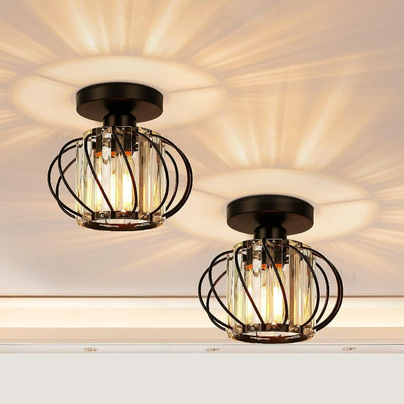 Photo 1 of FRIDEKO HOME 2-Pack Semi Flush Mount Ceiling Light - Small Crystal Chandelier Hallway Black Metal Cage Modern Light Fixture for Entryway Bedroom Porch Kitchen
