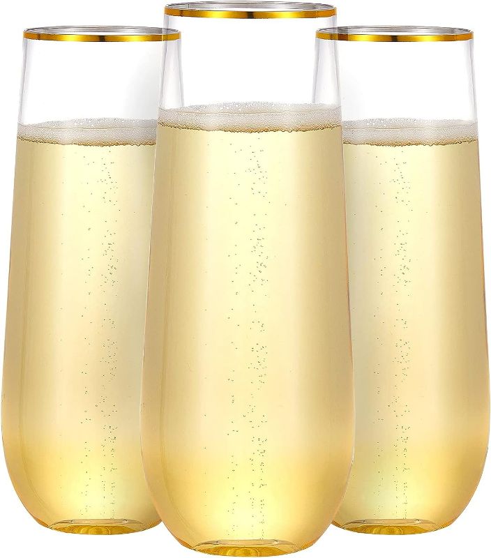 Photo 1 of N9R 36 Pack Plastic Champagne Flutes, 9 Oz Stemless Disposable Gold Rim Toasting Glasses, Crystal Clear Cocktail Cups Drinkware Shatterproof Ideal for Party Wedding Birthday
