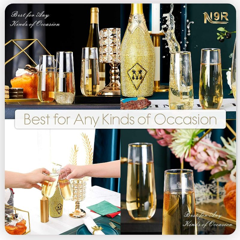 Photo 2 of N9R 36 Pack Plastic Champagne Flutes, 9 Oz Stemless Disposable Gold Rim Toasting Glasses, Crystal Clear Cocktail Cups Drinkware Shatterproof Ideal for Party Wedding Birthday
