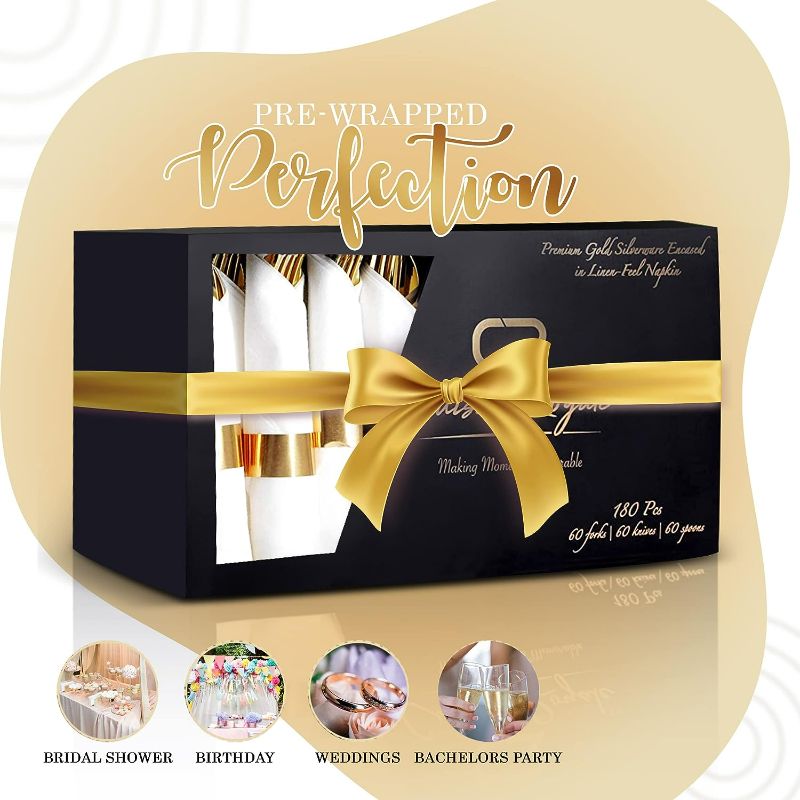 Photo 2 of DREAM DECKER Gold Pre Rolled Napkins and Cutlery Sets for Luxury Events (60 Pack) Disposable Gold Plastic Silverware Individually Wrapped
