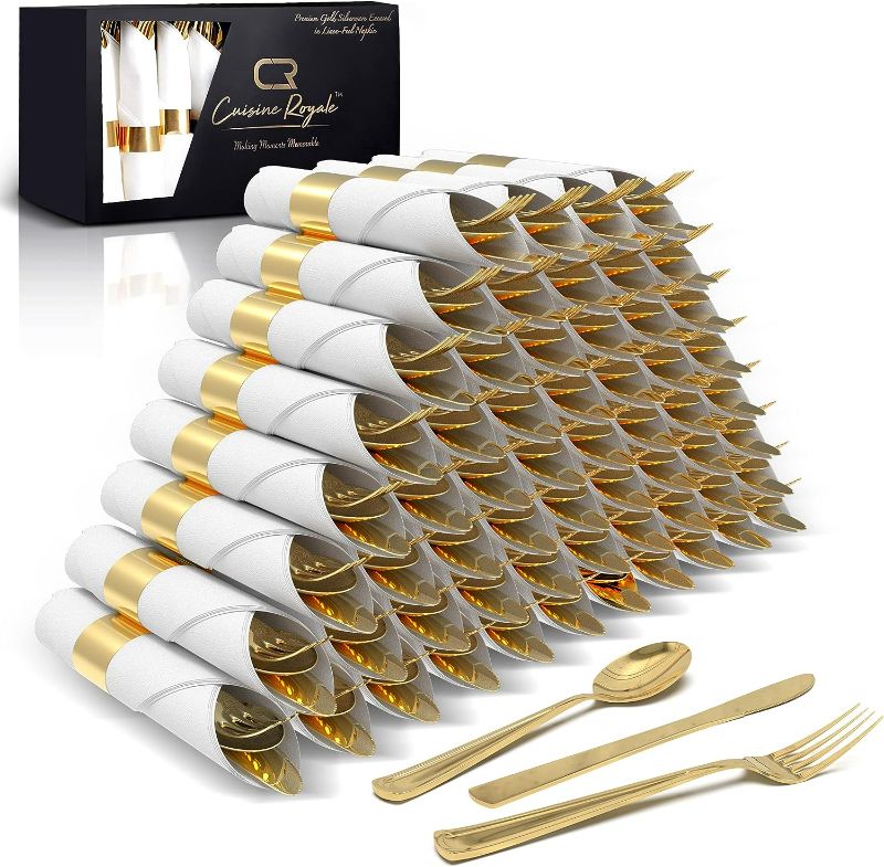 Photo 1 of DREAM DECKER Gold Pre Rolled Napkins and Cutlery Sets for Luxury Events (60 Pack) Disposable Gold Plastic Silverware Individually Wrapped
