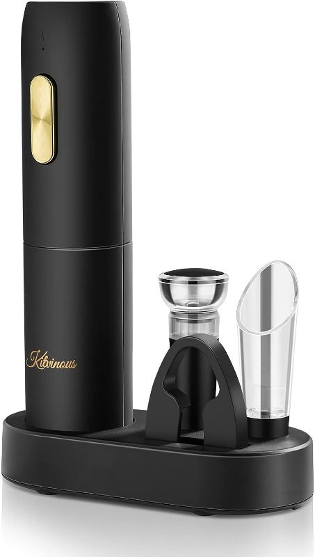 Photo 1 of KITVINOUS Electric Wine Opener Set with Charging Base, Reusable Automatic Wine Bottle Opener with Led Light, Portable Corkscrew with Pour & Preserver Vacuum Stopper, Foil Cutter, Black
