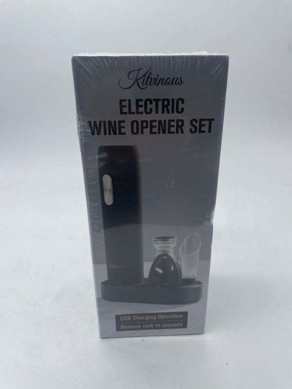 Photo 2 of KITVINOUS Electric Wine Opener Set with Charging Base, Reusable Automatic Wine Bottle Opener with Led Light, Portable Corkscrew with Pour & Preserver Vacuum Stopper, Foil Cutter, Black

