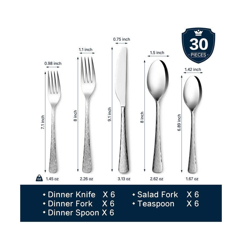 Photo 3 of KINGSTONE Silverware Set, 30-Piece Flatware Set for 6, 18/10 Stainless Steel Premium Cutlery with Unique Ripple Handles Mirror Polished - Dishwasher Safe