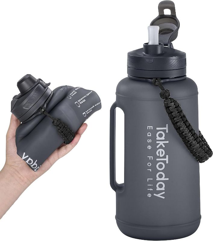 Photo 1 of TakeToday 68 oz Collapsible Water Bottles with Straw, Half Gallon Water Bottle with Motivational Time Marker, Large Reusable Silicone Water Jug with Paracord Handle for Sports, Outdoors (Black)

