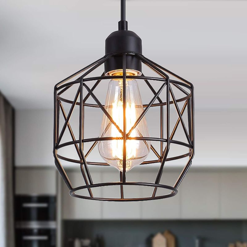 Photo 1 of Q&S Pendant Light Fixture Farmhouse Black Basket Cage Hanging Ceiling Light,Industrial Lighting Fixture Perfect for Island Kitchen,Dining Room Closet Bar Entryway,Bathroom,E26 1 Light Black Pendant Light