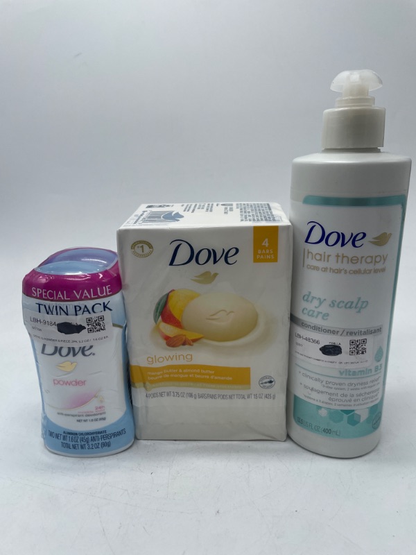 Photo 1 of Dove Hair Therapy Conditioner for Dry Scalp Dry Scalp Therapy Hair Conditioner with Vitamin B3 13.5 fl oz, Dove Antiperspirant Deodorant, Powder 1.6 oz, Twin Pack& Dove Beauty Mango  Almond Butter Beauty Bar Soap - 3.75oz/4ct