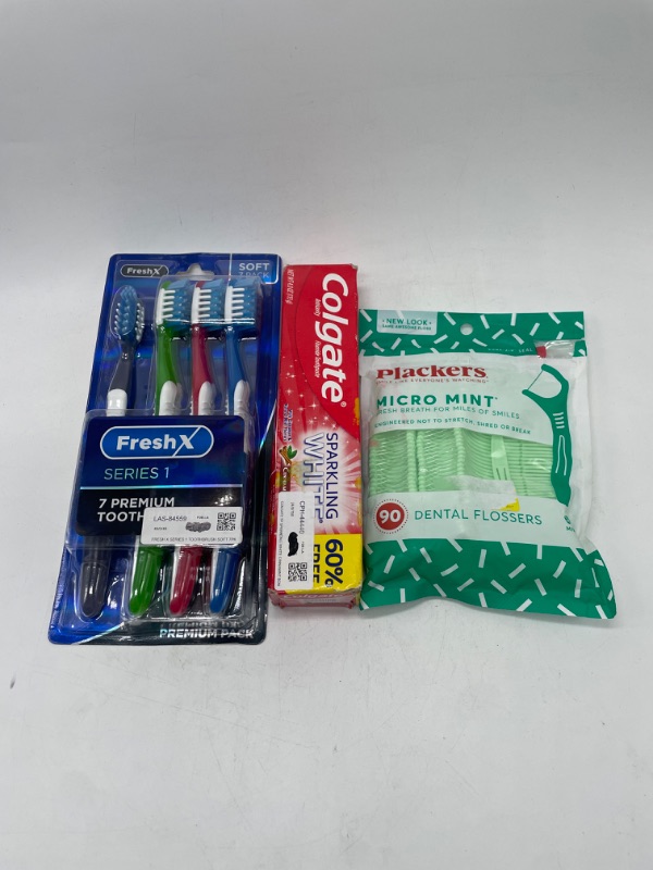 Photo 1 of Colgate Anticavity Fluoride Toothpaste Sparkling White Cinnamint with Cinnamon & Natural Mint Flavor Gel - Gluten Free  FreshX Soft Toothbrush for Adult, 7-Count& Plackers Micro Mint 90 Piece Dental Flossers
