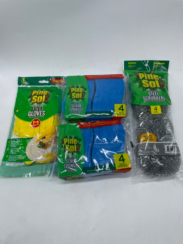 Photo 1 of Miscellaneous Cleaning Bundle Latex Gloves,Pine Sol Sponges 8 Pack & 4 Pack Steel Scrubbers New