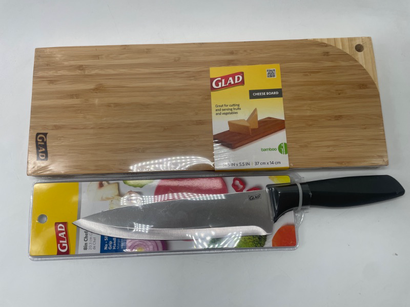 Photo 1 of GLAD BAMBOO CHEESE BOARD 14.5 X 5.5 IN. & 8 Inch Chef Knive No-Slip Grip

