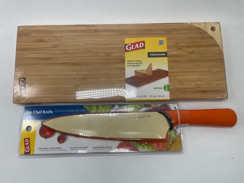 Photo 1 of GLAD BAMBOO CHEESE BOARD 14.5 X 5.5 IN. & 8 Inch Knife With Orange Cover