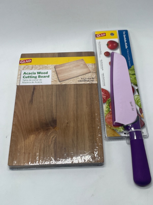 Photo 1 of Glad Acacia Wood Cutting Board for Kitchen | Small Reversible Solid Butcher Block | Cooking Supplies for Chopping, Carving, and Serving, 11 x 7 Inches, BROWN & Purple Glad 7 Inch Santoku Knife