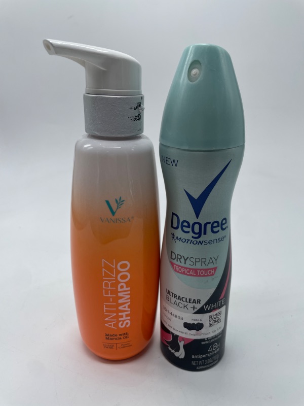 Photo 1 of Degree Women Black and White Tropical Touch UltraClear Antiperspirant Deodorant Dry Spray, 3.8 oz && Vanissa Anti-Frizz Shampoo