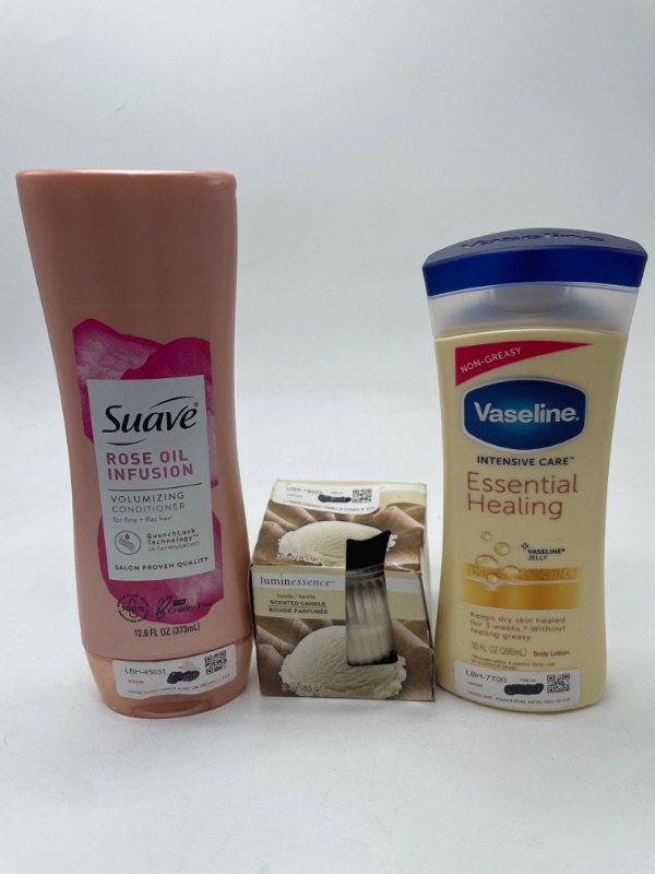 Photo 1 of  Vaseline Nourishing Moisture Body Lotion Essential Healing , 3 oz Vanilla Candle &  Suave Professionals Rose Oil Infusion Volumizing Conditioner, 12.6 fl oz 