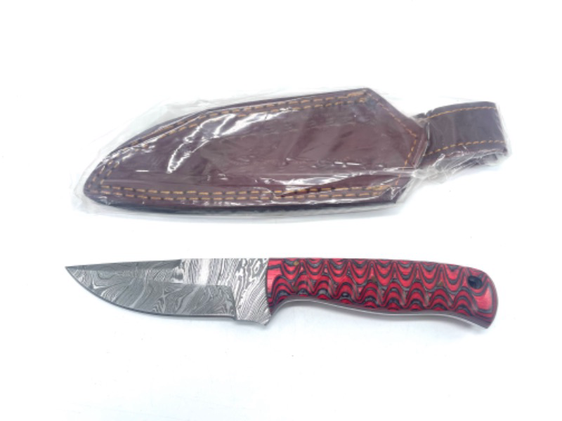 Photo 2 of Szco Supplies Damascus Steel Red Twisted Wood Hunting Knife, 7.5 inches